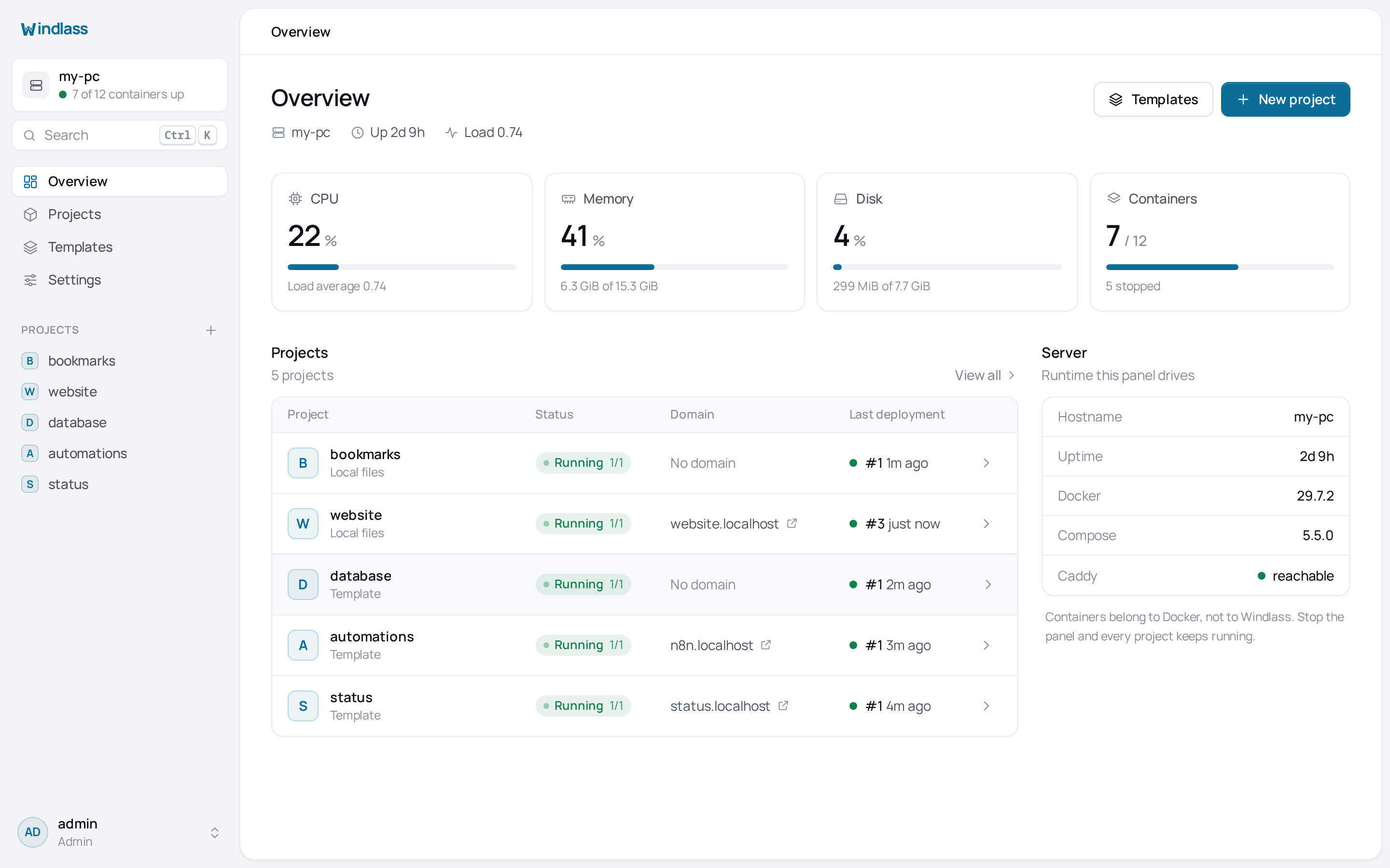 The Windlass dashboard, showing host CPU, memory and disk above the project list