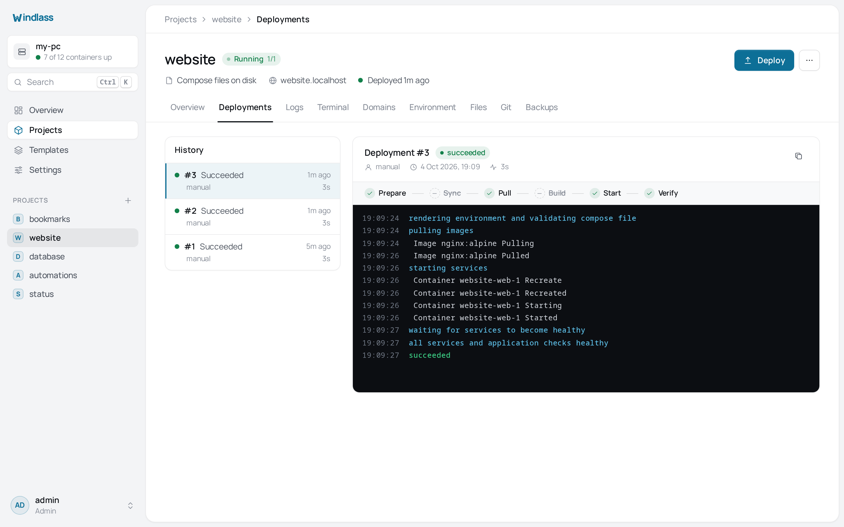 The Deployments tab: numbered history down the left, streaming deployment log on the right