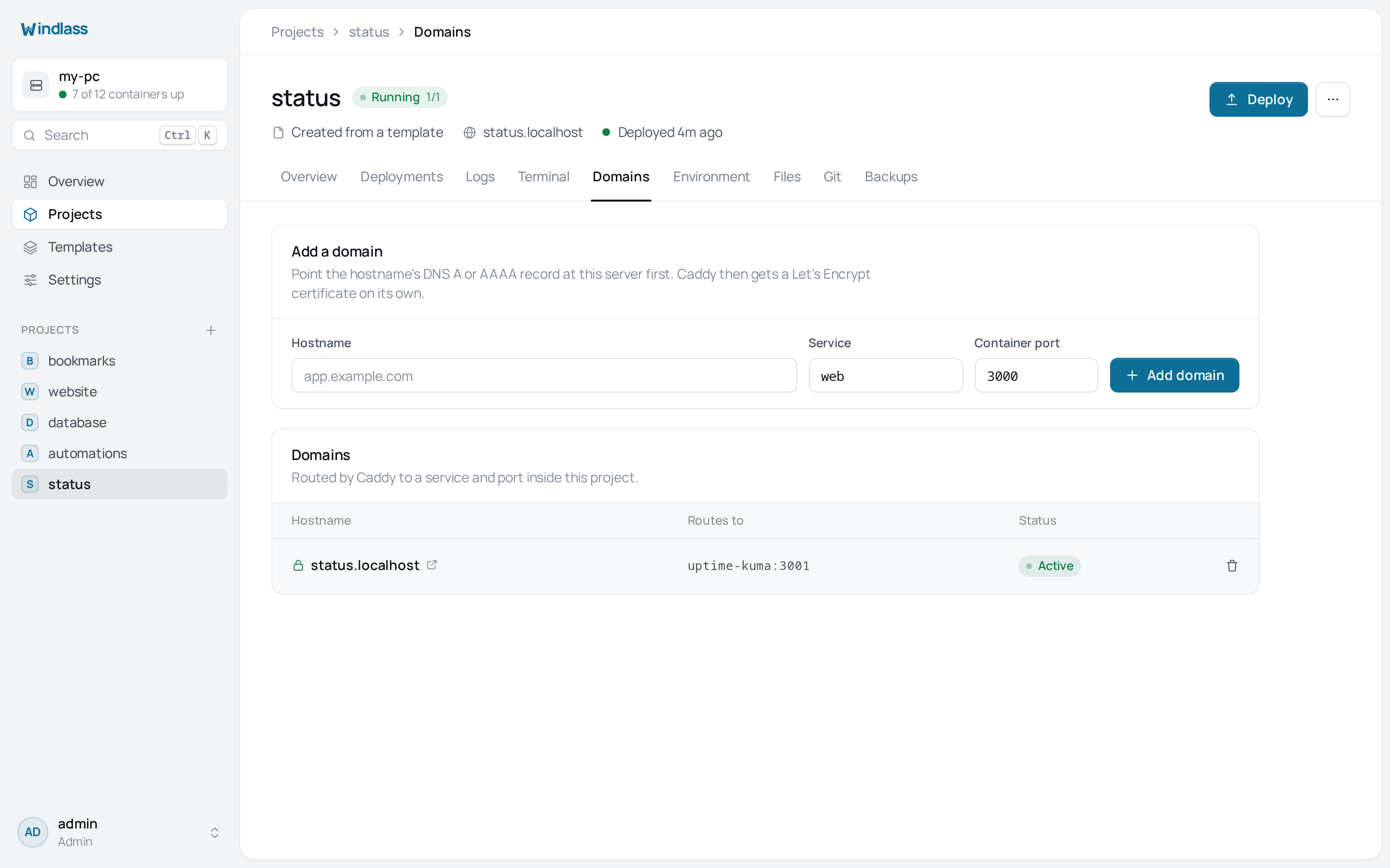 The Domains tab: a hostname, service and port form above an active route