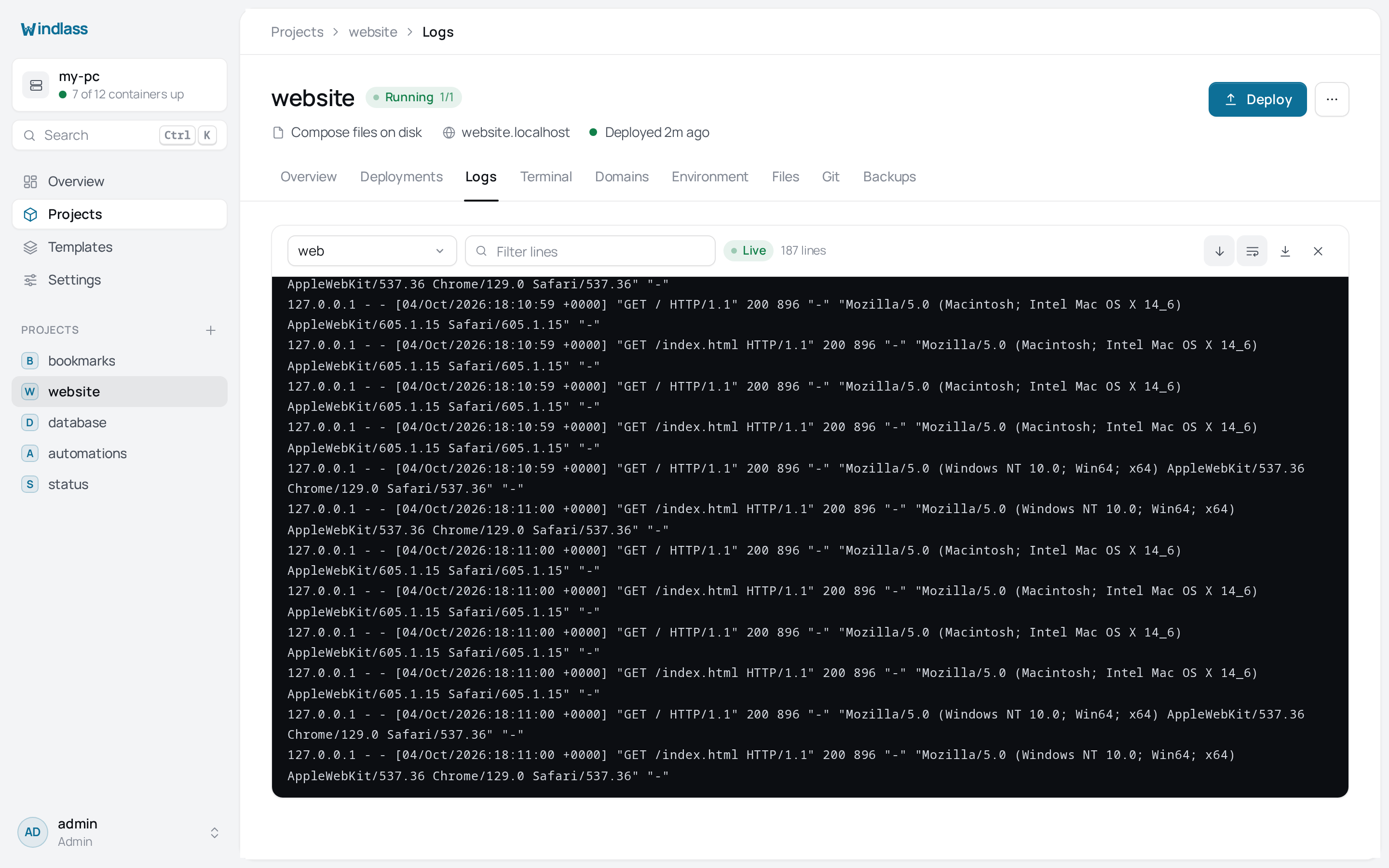 The Logs tab, streaming container output