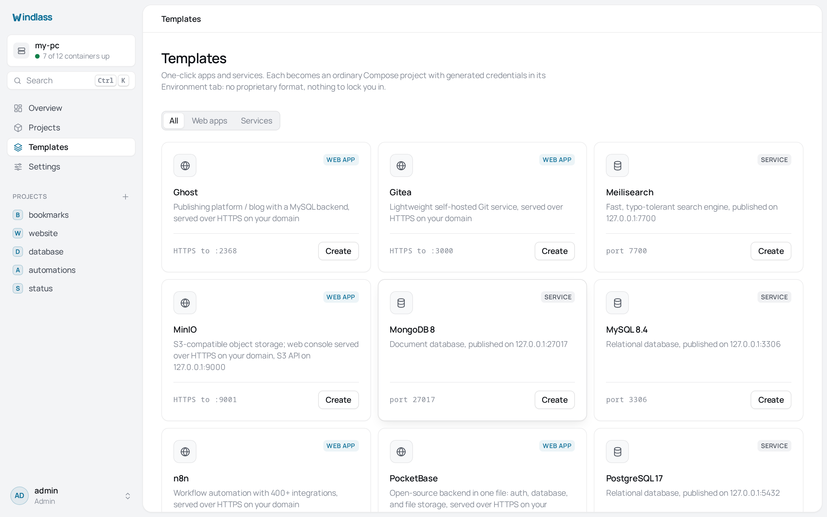 The Templates screen: one-click apps and databases